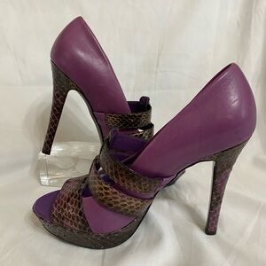 BCBGirls purple peep-toe platform heels metallic snakeskin-embossed straps 7.5